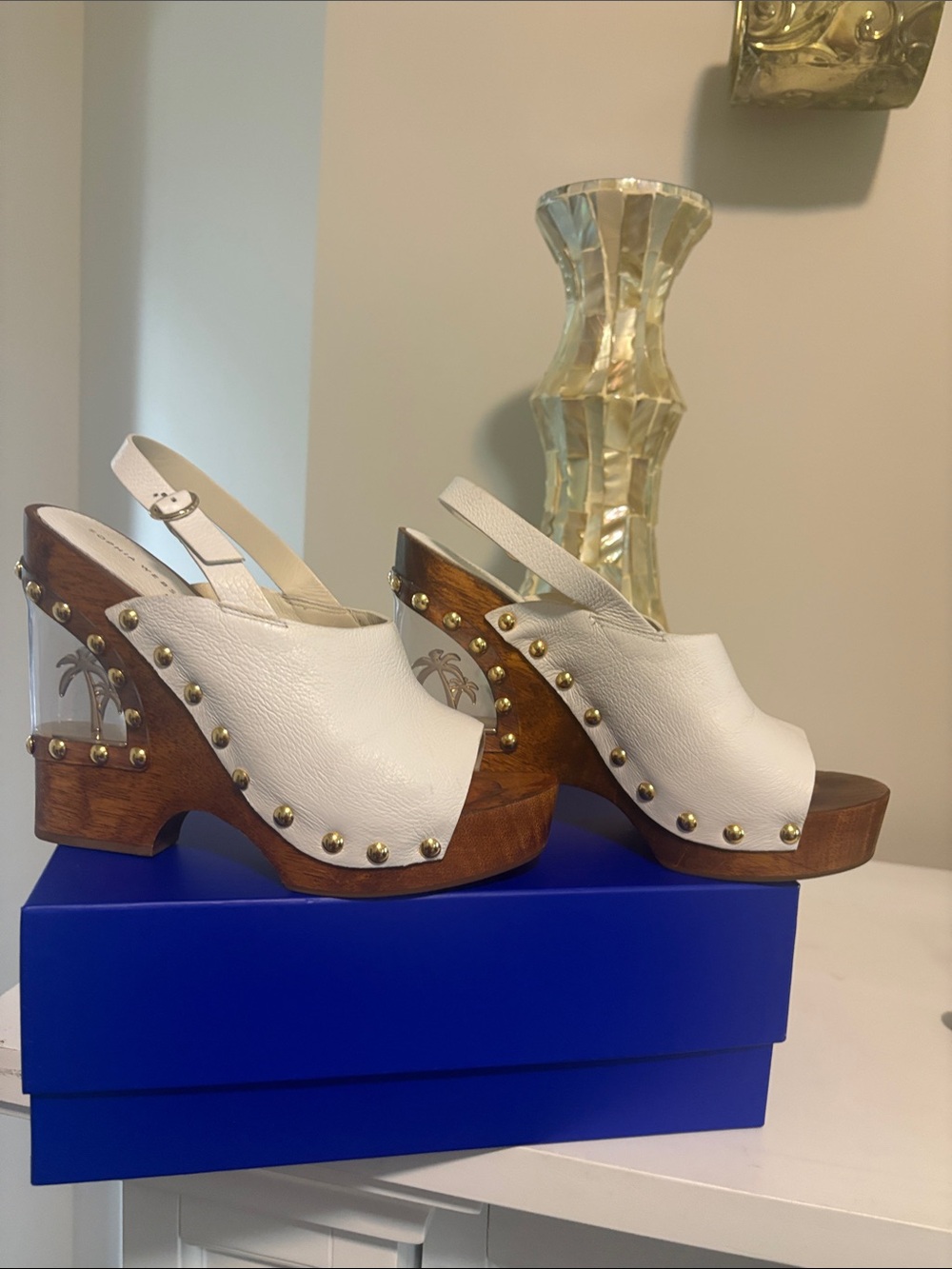 Sophia Webster White Leather Studded Wooden Platform Slingback Clogs